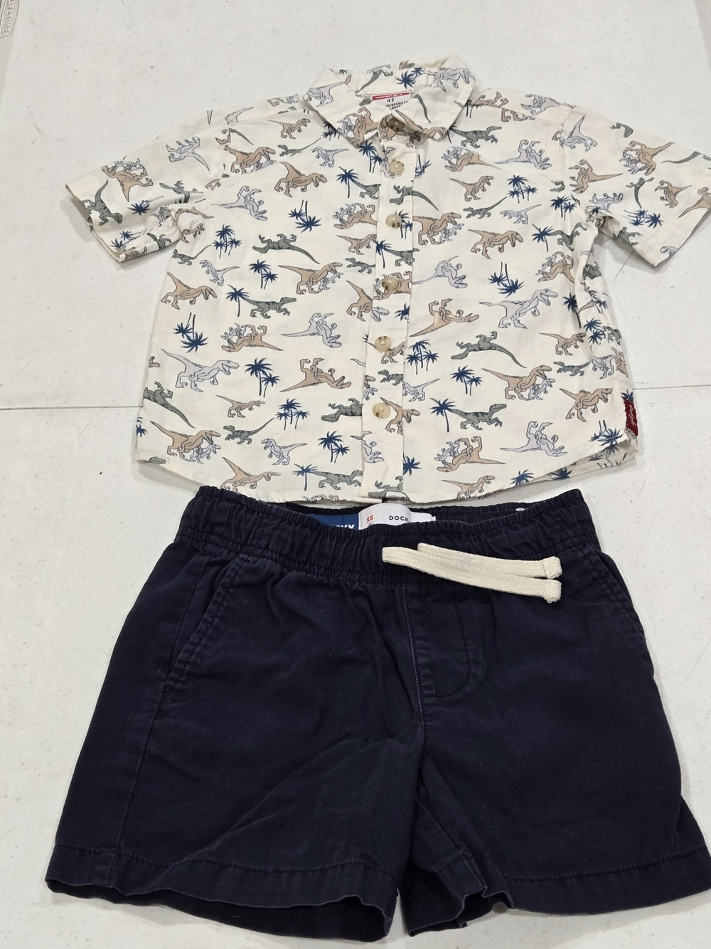 Wrangler Cream Dino Print Button-Down Shirt with Navy Shorts